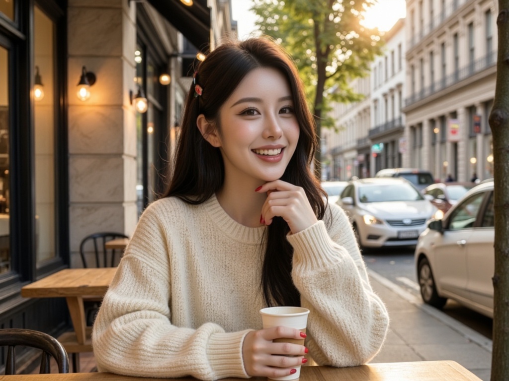 Candid café laugh, golden hour warm tones